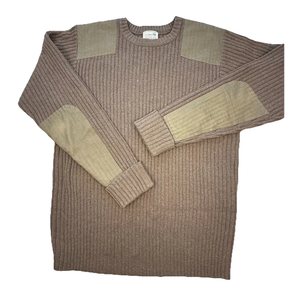LL Bean Mens XL T Commando Brown Sweater Merino‎ Lambs Wool Elbow Patches